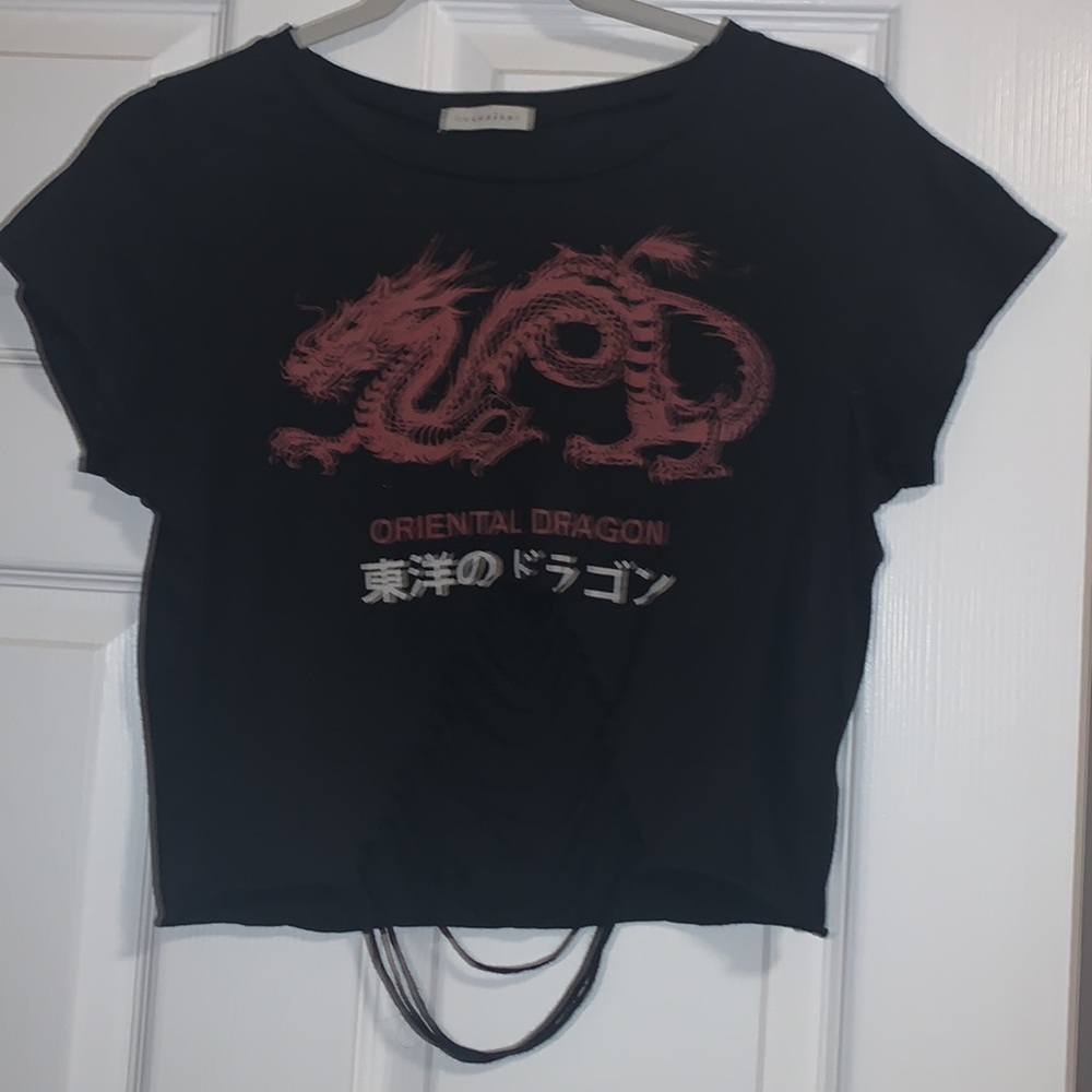 Oriental dragon black crop top with ripped section at bottom size medium